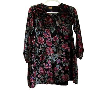 VELVET BURNOUT NWT S - L Lagenlook Oversize Whimsigoth Floral Black Tunic Top